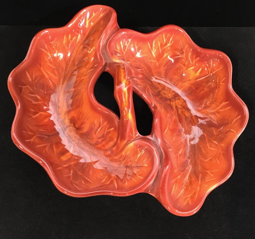 Tomato Red Ceramic Serving Dish with Handle: USA Made Ceramic Small Group Vegetable, Cracker, Cheese, Serving Dish. Bright Red Color. No chips or nicks. Underside reads ‘ Cal. Orig. USA 894 28..’ 10 3/4 in wide, Height 3 in. Pottery, Kitchen