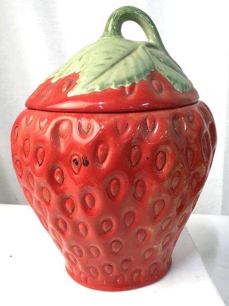 Handcrafted Strawberry Shaped Jar: Signed GP on the bottom of the jar. Handmade and stands approximately 12 inches tall. Lid is approximately 5.5 inches tall. Bright red color. Strawberry jar, fruit jar, cookie jar, handmade jar, Ceram