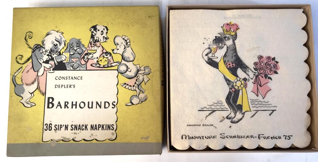 Set 5 Vintage Cocktail Napkin Set: 5 boxes of various cocktail napkins. Each napkin features a graphic. Napkins are old and unused and not recommended for use. Napkins produced in San Francisco, California. Vintage napkins, vintage tab