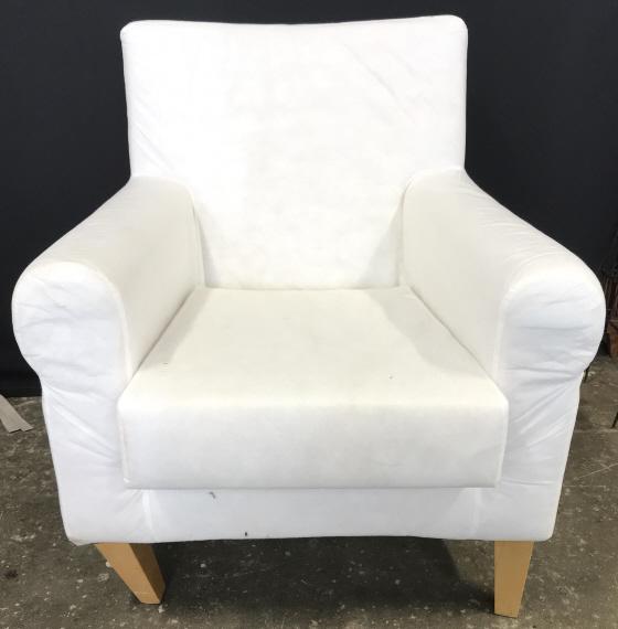 White Toned Armchair: Armchair is unupholstered will need upholstery. Piece is white toned. Piece measures approx 33 inches tall and deep, 29 inches wide. Legs have scratches & need tightening. home furnishings, arm chair,