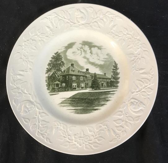 Groton School Porcelain Plate 1935: Cream toned porcelain with green pictorial image of Brooks house, labeled on back, diameter app 10.5 inches, wall plate shelf plate , home accent and decor,