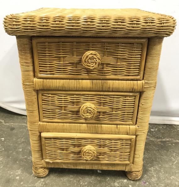 3 Drawer Wood & Wicker Nightstand: Nightstand has 3 drawers each with knob style wicker handles. Piece is footed. Measures approx 25 inches tall 20 inches wide and deep. garedn furniture, home accent and decor, end table, lamp table 6x