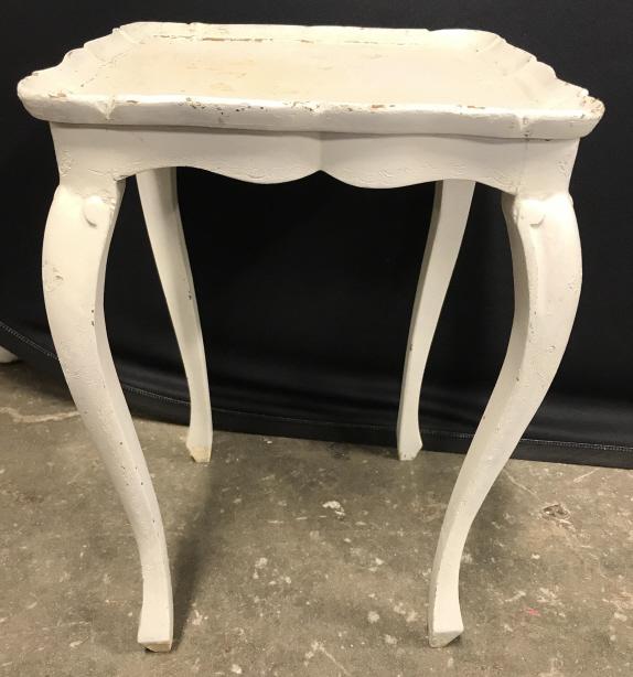 Vintage White Toned Wooden Side Table: Side table is white toned. Contains carved wooden detail. Measures approx 18 inches tall 13 inches wide & deep. Contains evident wear. end table, side tbale, lamp table, home accent and furnishings 6x