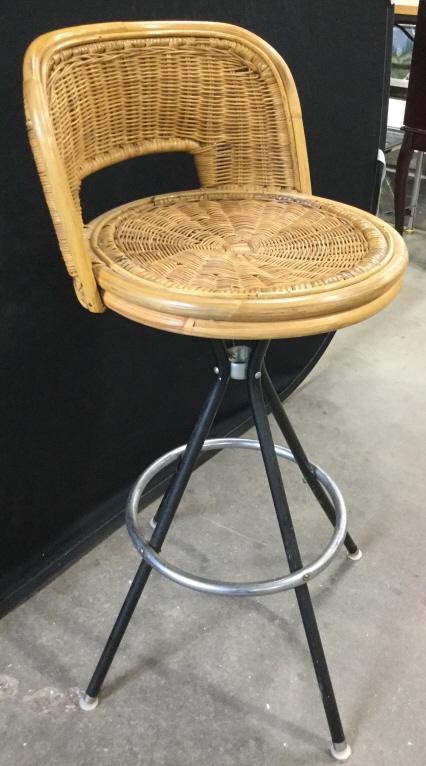 Woven Wicker Stool W Metal Base: Seat of Stool is and backrest wicker. Base of piece is metal & has 4 legs. Edges of seat and backrest appear to possibly be bentwood. Measures approx 36 inches tall 17 inches wide. bar stool whicker f