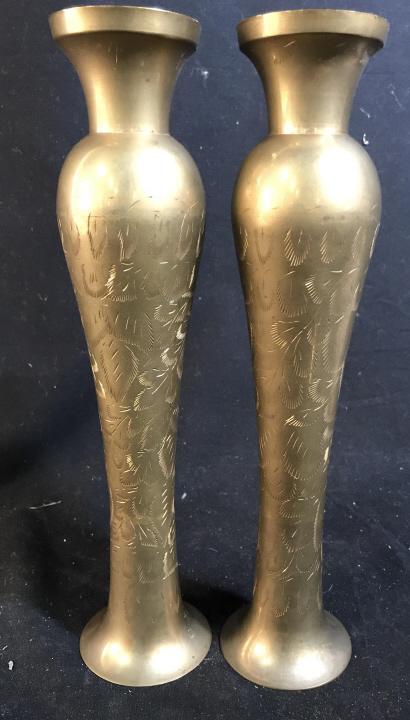 Pair Etched Brass Candle sticks: Possibly middle eastern, etched elongated candle holders each measures ht app 12 inches, home decor mantle piece accessories, tableware