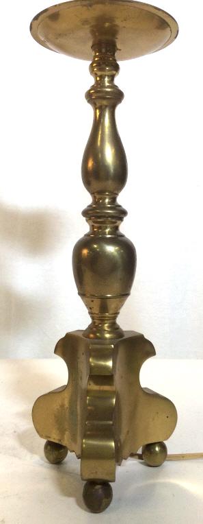Three Footed Elegant Brass Table Lamp: Antique old bronze style lamp, Lamp needs repair - attachment hardware for shade. Switch on cord. Tested and works. Approx 20 in tall. Some wear with brass from age. Antique Style Brass Lamp, Drum Sha