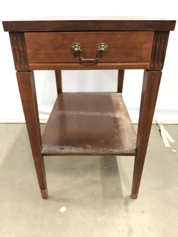 MERSMAN Vintage Wooden Side Table W Drawer: Piece is marked MERSMAN on interior of drawer. Piece has gold toned metal handle on drawer. Measures approx 24 inches tall and deep 15 inches wide. Needs cleaning & possibly restoration. side table, h
