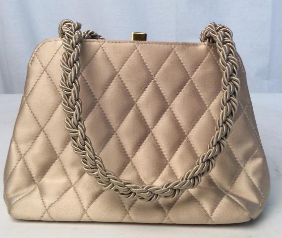 ZENITH Vintage Quilted Silk Handbag: Beautiful vintage Quilted satin silk handbag, with braided straps, and gold toned hardware accents. Lined interior with golden clasps and one zipper pocket. fashion accessory, women's accessories, lad