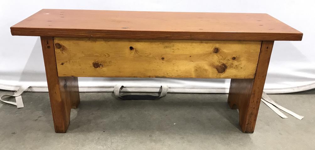 Pair Low Pine Benches: Benches are pine. Pieces have various wood tones. Piece measures approx 40 inches long 16 inches tall 11 inches deep. home furnishings and accessories, indoor / outdoor furnishings 6.