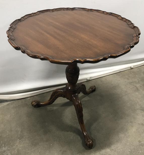 Vintage Carved Wood Tilt-Top Occasional Table: Wooden pie crust tilt-Top occasional table with carved claw foot tripod base. Measures approx 28 inches in height by 27.75 inches in diameter. Vintage wood tilt-top Table, occasional Table, Vintage Wo