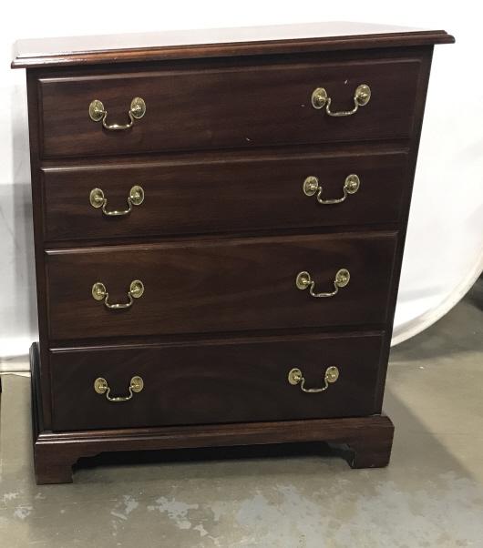 Pair Fancher Smithfield Mahogany Nightstands: Top drawer in one nightstand is marked for Francher Furniture Co. Smithfield Collection Hand Crafted Solid Mahogany. Dovetail joints and brass hardware. Measures approx 30 inches in height by 26 inche