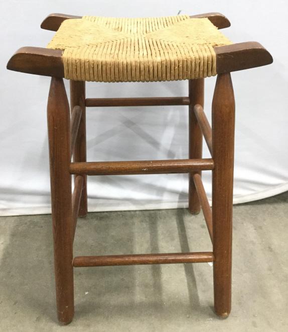 Vintage Wooden Stool W Rush Seat: Stool is vintage and wooden. Piece has Rush Seat. Measures approx 25 inches tall 16 inches wide 12 inches deep. stool, home furnishings and accessories 6.
