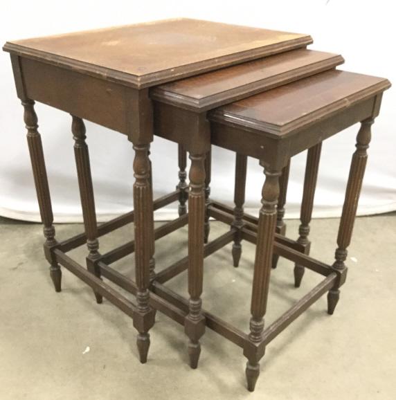 Set 3 Carved Wooden Vintage Nesting Tables: Lot includes 3 nesting tables. Each are wooden with carved detail. Largest piece measures approx 22 inches tall 19 inches wide 14 inches deep. Pieces have evident scratches and wear. end tables side t