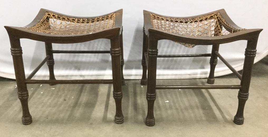 Pair Vintage Concave Footrests: Footrests have woven detail. Wooden structures of pieces have carved detail. Each measures approx 15 inches tall wide and deep. Woven detail appears to need repair. benches foot stools, home accent an