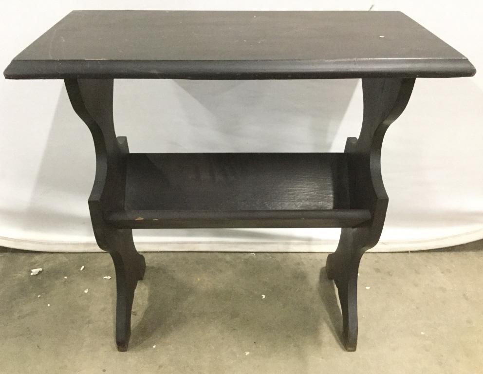 Dark Chocolate Toned Vintage Carved Wooden Table: Table has a dark chocolate tone. Piece is wooden. Measures approx 24 inches tall and long 12 inches deep. table, end table, side table, home accent and furnishings, lamp table 6