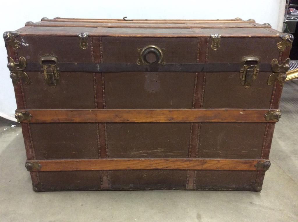 Large Vintage Wooden Chest: Chest is Wooden and vintage possibly antique. Measures approx 36 inches long 25 inches tall 22 inches deep. Contains evident wear. chest, trunk, home storage, living room accessory, home accen and fur