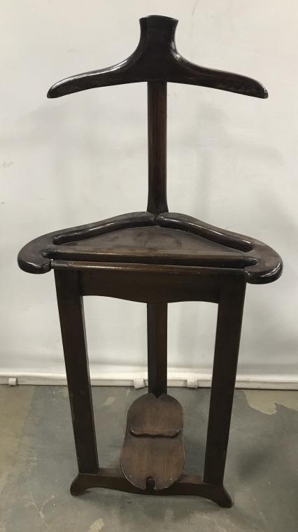 Vintage Wooden Valet Stand: Valet stand also includes rack for shoes along bottom. Measures approx 46 inches in height by 20 inches in width by 12 inches in depth. Valet has some surface wear like light scratches consistent with