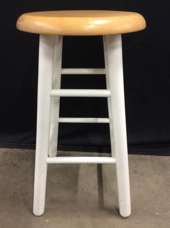 Vintage Wooden Sand & White Toned Stool: Stool seat is sand toned. Stool legs are white toned. Stool is wooden, Piece measures approx 25 inches tall 14 inches wide. stool, home accent and furnishings 6