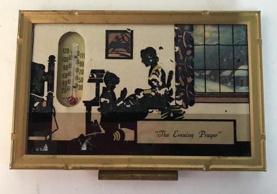 Vintage thermometer with calendar 1941: “The Evening Prayer” Scene is at Zuccas Bakery. From Vineland, NJ. calendar pulls out from the bottom of the frame. The frame is metal and still has hangin hardware on back. Vintage art, vintage c