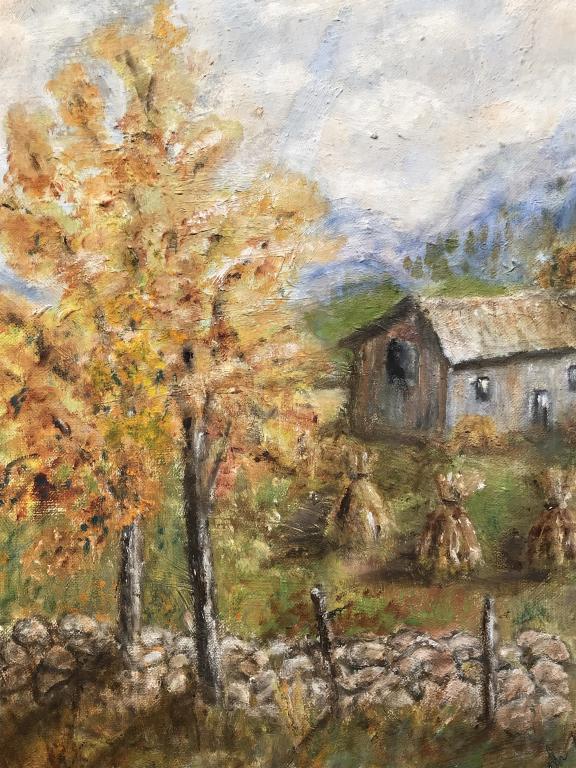 Signed Oil On Board, Country Landscape: Oil painting on board depciting Country Landscape. Signed Sarah Ceely In lower right corner. Board is set in wood frame. Verso has information on artist, along with title ‘Fall Corn Field.’ Measur