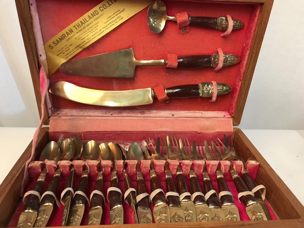 Set 22 Vintage Thai Bronze Dining Set: Made in Bangkok by S.Samran Thailand Co. Each piece is branded. Set contains forks, spoons, and knives. Comes in original wooden box. Vintage dining set, asian dining set, bronze dining set, bronze cu