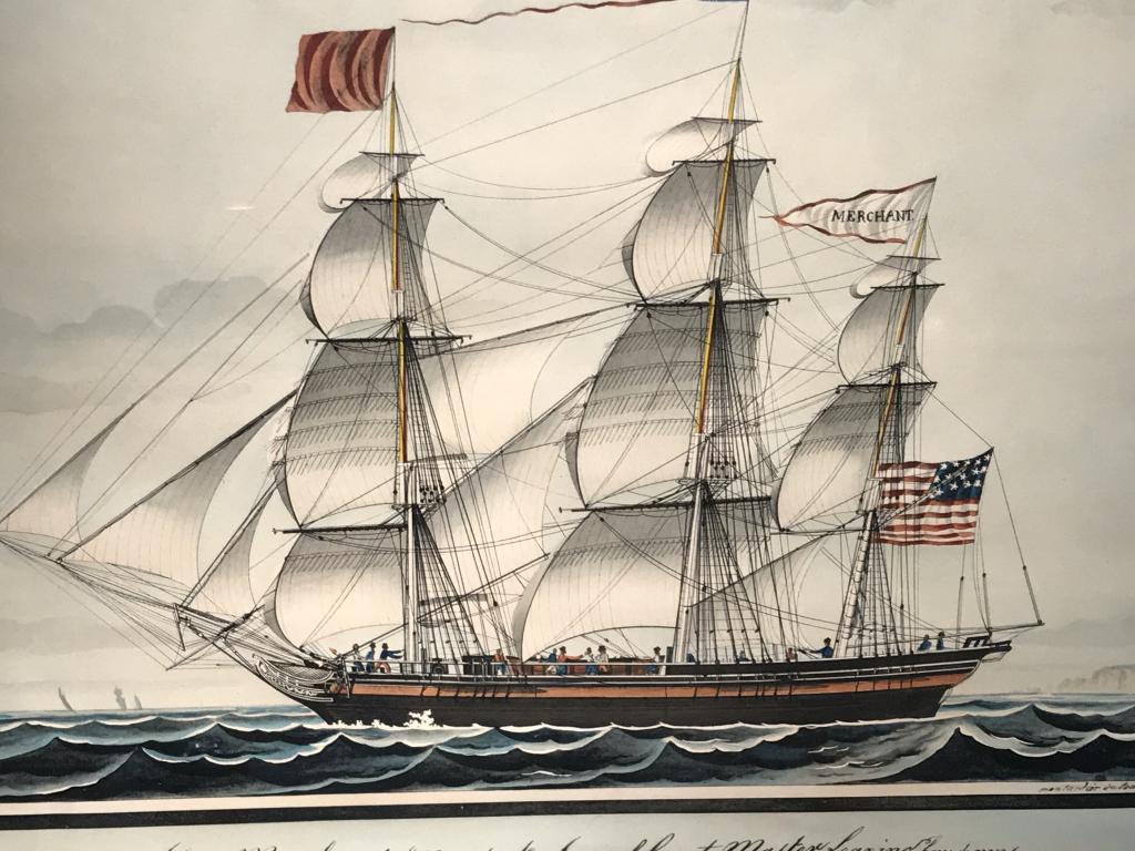 Lot 3 Maritime Collotype Prints, Framed: Collotype prints depict American ships, printed in collotype by the Meriden Gravure Company. Prints are set behind glass in black tone coated wood frames. Each measures approx 23.5 inches in height by
