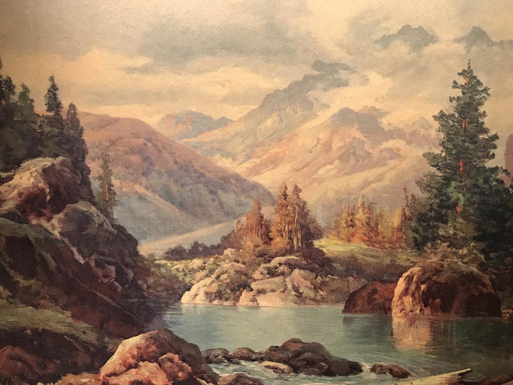 Robert Wood Landscape Print On Board: Measures approx 24 inches in height by 30 inches in width. Print has surface wear, particularly around edges due to exposure. There is yellow discoloration in print. Landscape print, vintage landscape