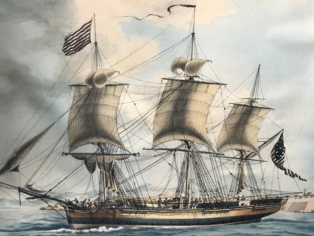 Hand-colored Maritime Lithograph, c. 1956: Hand-Colored lithograph depicting American ship at sea. Bottom right is signed Nicolas Cammillieri 1806, titled ‘Ship Alfred of Salem Cap Joseph Felt.’ Faint date 1956 appears in lithograph. Artwo