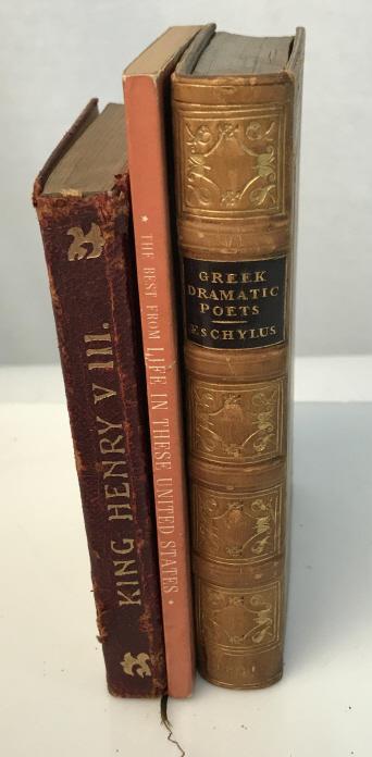 Vintage tabletop book collectibles: Miniature tabletop book collectibles. Books are: “King Henry VIII” “The Best From Life in these United States”, and “Greek Dramatic Poets”. Books are approximately 6 inches tall. Vintage b