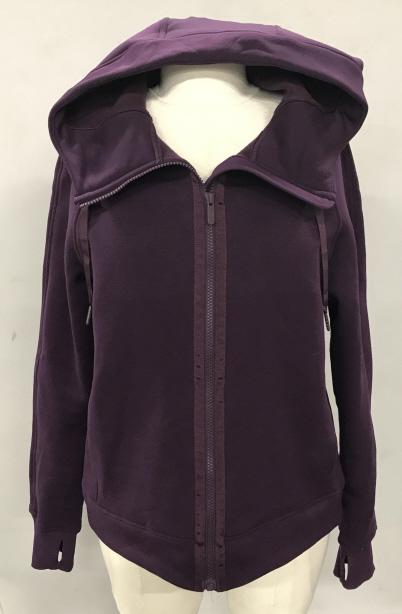 LuLulemon Sweat Jacket In Eggplant Purple: LuLulemon Athletica is headquartered in Vancouver, where their clothes are designed. Sweat a Jacket is size 8 (fits a size L person, tried on), hoodie w/ pull string tie, front pockets, cuffs to slip 