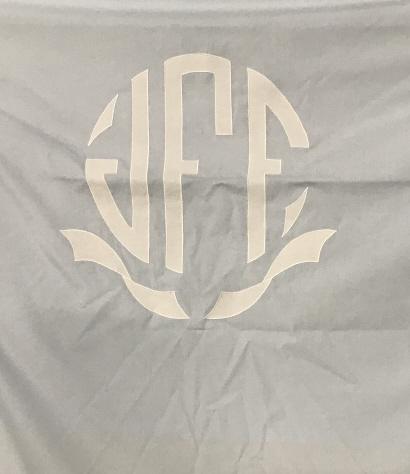 Dry Cleaned Tablecloths/Bed Cover/Fabric: Vintage Blue Bed Cover with lace strips is very large, 94x 108 in. app. It’s monogrammed in center. Two corners have rounded edges. Tag reads, Custom Bed Covers, Launder In Luke warm water, drip dry
