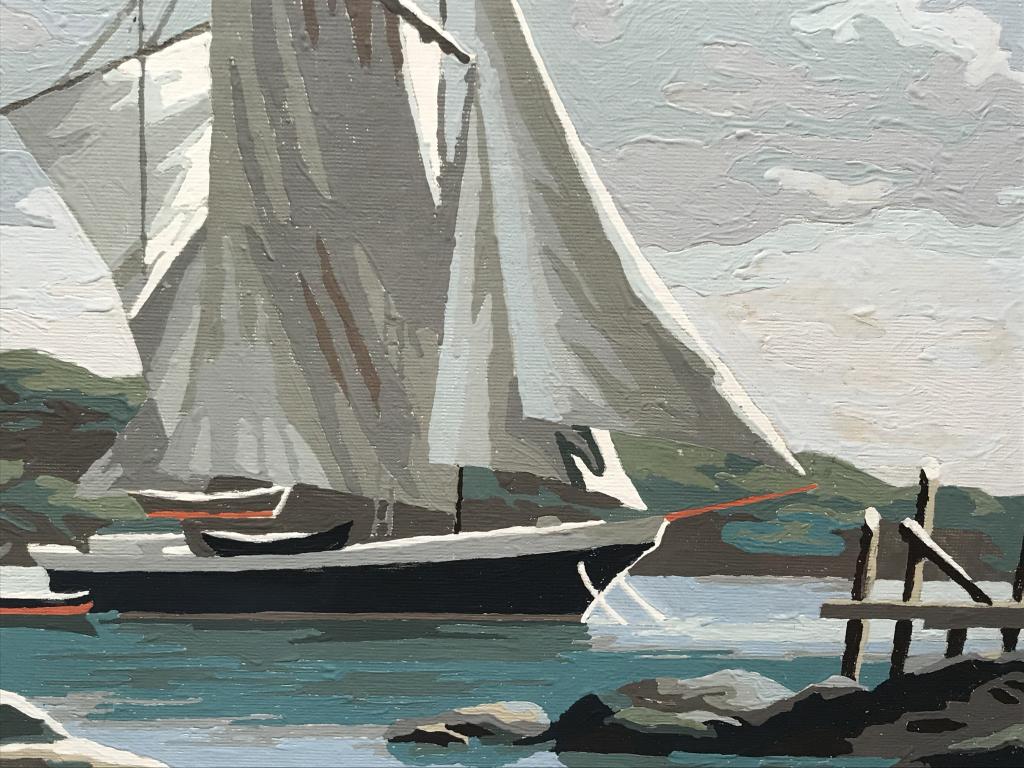 Maritime Acrylic Painting, Framed: Acrylic painting depicts boat in harbor. Painting is matted and set behind plexiglass in silver tone metal frame. Measures approx 12.5 inches in height by 16.5 inches in width with frame. Some sticker