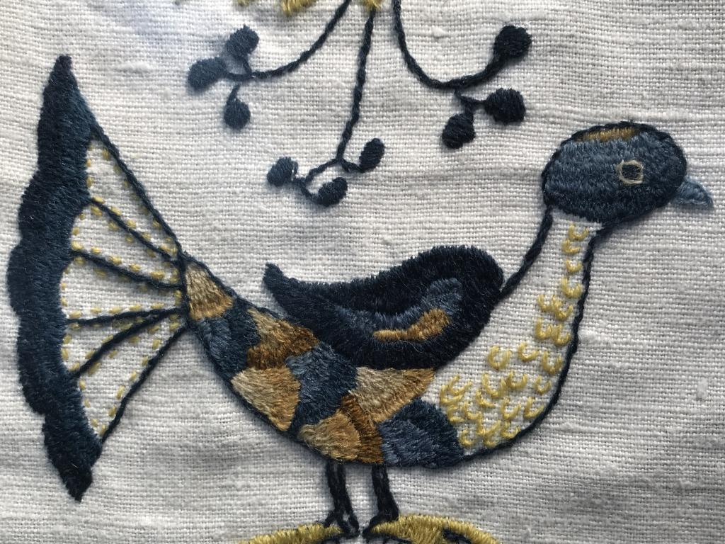 Signed Vintage Flower & Bird Motif Sampler, 1971: Sampler features a flower and bird motif. Signed DOT and dated 1971 below bird. Sampler is set behind glass in wood frame. Frame measures approx 15.8 inches in height by 12.75 inches in width. Collect