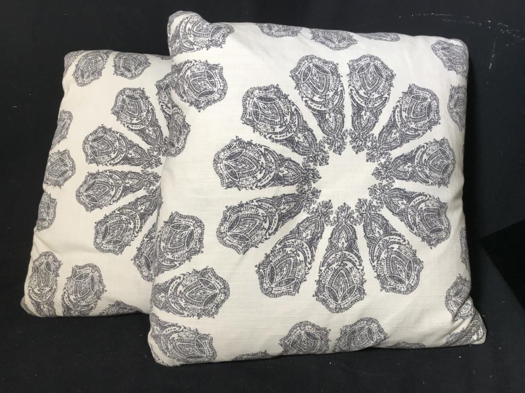Pair Of Cream And Black Toned Down Pillows: Pair Of Cream And Black Toned Patterned Down Pillows with zipper opening, Measures approx 17 inches square, no condition issues noted. Accent Pillows, Throw Pillows, Couch Pillows, Pillows. home decor