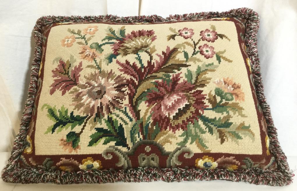 Floral Detailed Needlepoint Pillow: Piece has floral and leaf detail. Pillow measures approx 19 inches long, 15 inches tall. Appears to be Handmade, toss pillow home accent and accessory, home decor, living room decor, throw pillow, nee