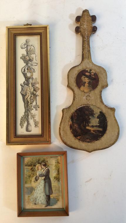 Variety 3 Framed Vintage Art Set: 3 vintage art pieces. Long rectangle piece signed AQ. Violin shaped piece unsigned, but Made in Italy. Dancing piece unsigned. Long rectangular piece measures approximately 12 inches long. Violin shap