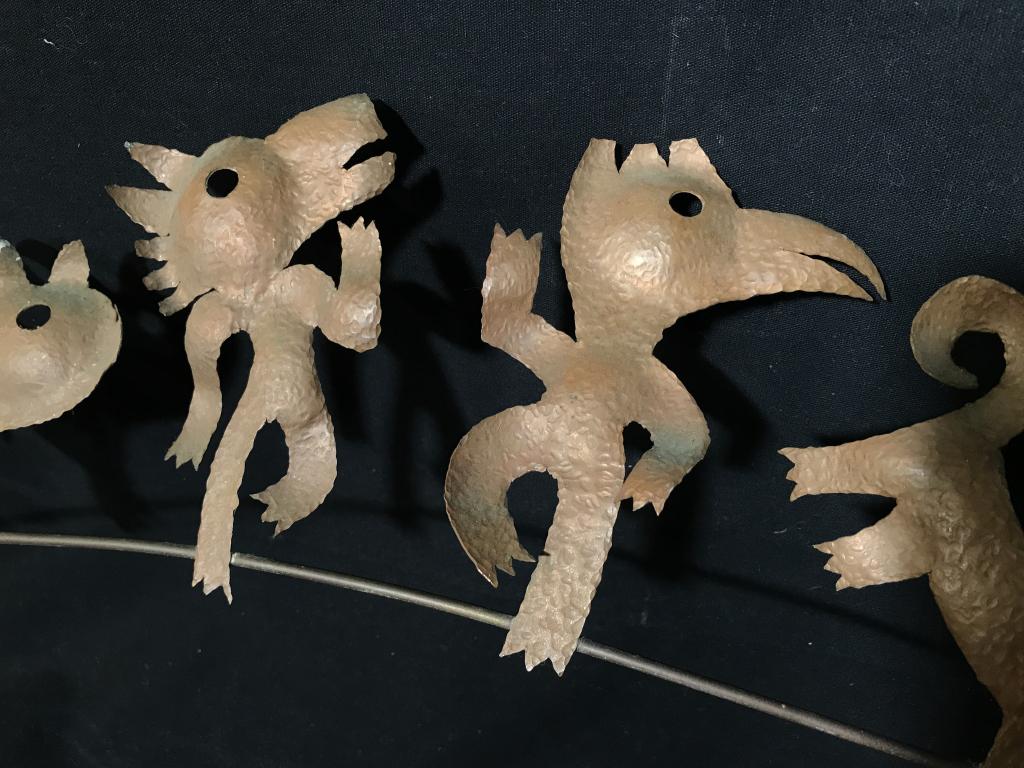Copper Toned Metal Folk Art Sculpture: Tiny Creations Copper Toned Metal Work Sculpture with Animal theme by T Dobes 1988, measures approximately 30 inches long x 12 inches high, needs cleaning. Art, Sculpture, Metal Wall Hanging, Animal T