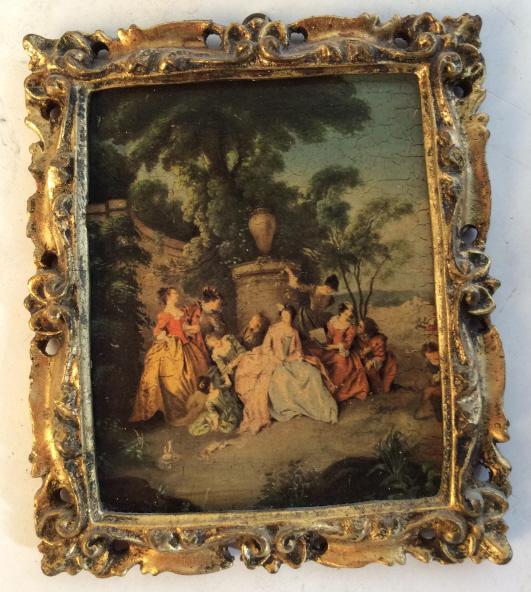 Vintage Italian Framed Artwork: Framed art piece. Possibly a print. Back reads made in Italy. Frame measures approximately 7 by 8 inches. Loop provided on back for hanging. Vintage art, framed art, small framed art, Italian Art, vin