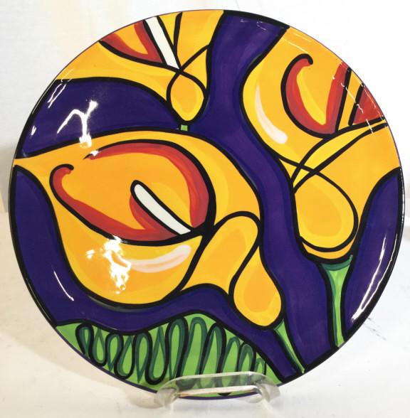 LIVING ART Hand Painted Porcelain Platter: Underside of piece is marked LIVING ART HAND PAINTED. piece is porcelain. Contains multi toned floral detail. Measures approx 13 inches wide. centerpiece, platter, decorative tableware, tabletop acces