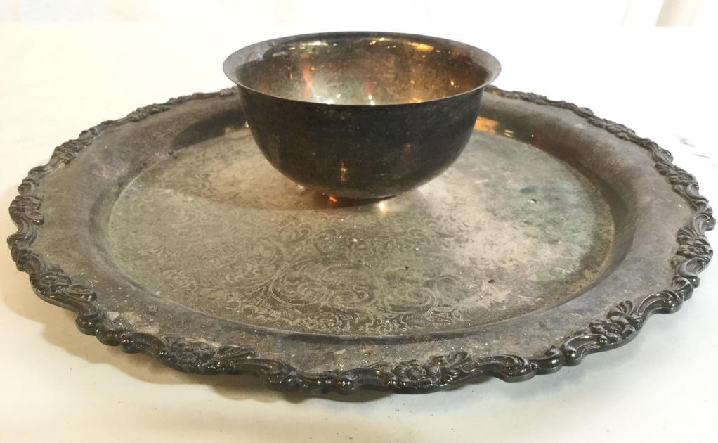 WM A RODGES Silver Toned Tableware: Lot includes 1 chip and dip dish and 1 serving tray. serving Tray has handles. Only chip and dip dish is marked. Serving tray is unmarked. Serving tray measures approx 17 inches long 11 inches wide. E