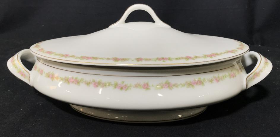 Limoges France Porcelain Lidded Terrine: Limoges France Porcelain Lidded Terrine with Pink and green rose and leaf garland design with gold toned painted highlights, marked on underside of base and lid Theodore Haviland Limoges France, Measu
