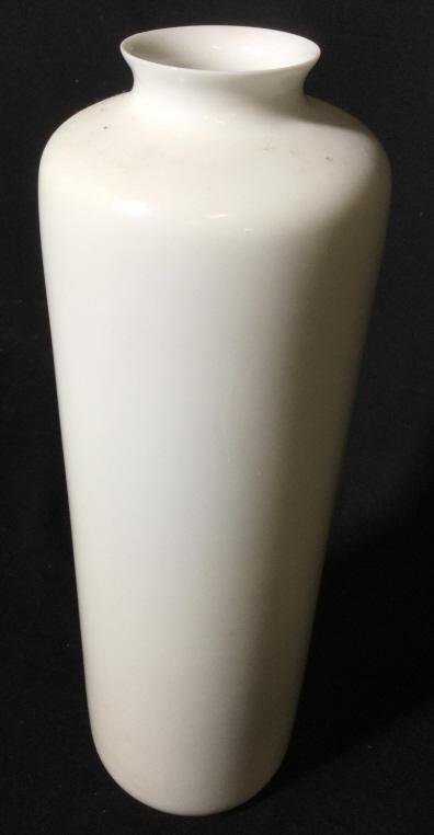 MK BO JIA White Toned Porcelain Vase: Vase is white toned & porcelain. Measures approx 15 inches tall 4.5 inches wide. Underside reads MK BO JIA. tableware, home accent and decor, shelf piece, vase vessel 6.