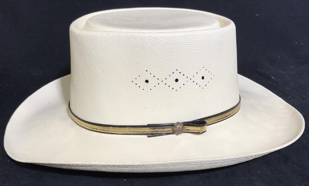 ARLOP Coated Straw Cowboy Hat W Metallic Band: Arlop Coated Straw Cowboy Hat with Metallic Band, Made In Mexico, size 59 in Mexico, size 7 3/8 in US. Some minor blemishes, might need spot cleaning. Cowboy hat, coated hat, fashion accessory, wearab