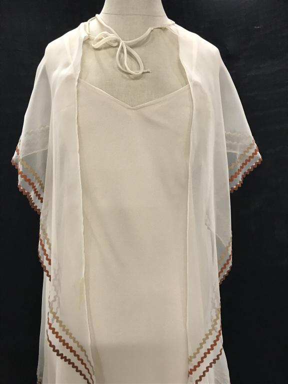 Lord & Taylor Vintage Evening Dress w Sheer Cape: Vintage late 60s or 70s dress made of Sheer Nylon over a polyester slip lining. Spaghetti straps, zippered back w/ hook-loop close. Tags read Size 8, Dry Lean Only, L&T Label, Union Made Ladies Garmen