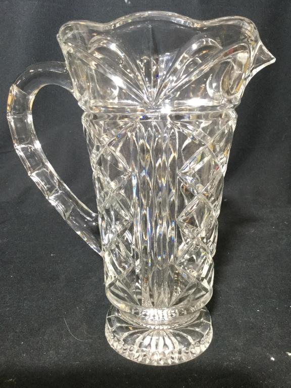 Cut Crystal Pitcher: Pitcher is cut crystal. Measures approx 9 inches tall 8 inches wide with spout & Handle. water / drinks pitcher, tableware, serving pitcher 6