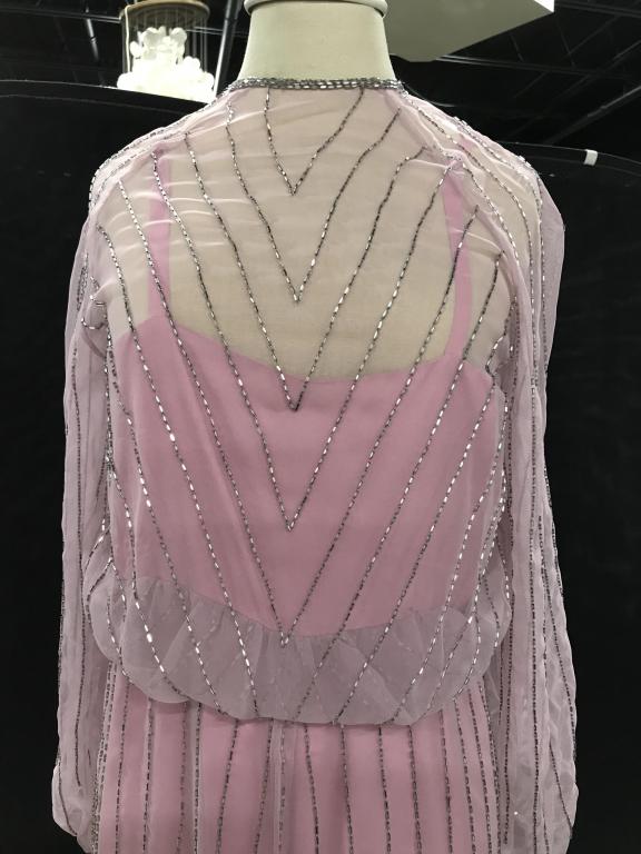 Nick Barion NY Custom Sewn Vntg. Cocktail Gown: Vintage ‘Custom Modes’ Beaded Dress By Designer Nick Barion New York. c. late 70s , c. 1980s. Additional tag from Fontana Bridal Salon. Slip dress with sheer sewn in fabric drape top. All silver b