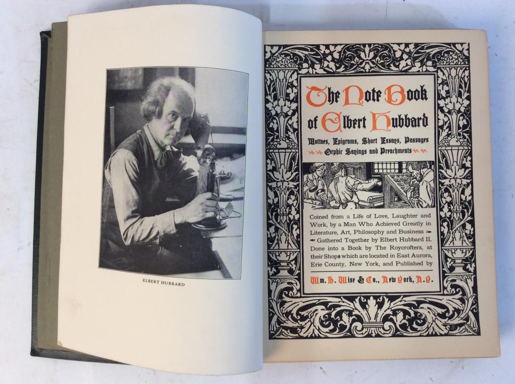 Vintage ELBERT HUBBARD Scrapbook & Note Book: Vintage books copyrighted 1927. String tied binding. Possibly leather covers. Some pages may be torn and/or missing. Inside reads “printed and made into a book by the Roycrofters, at their shops, in