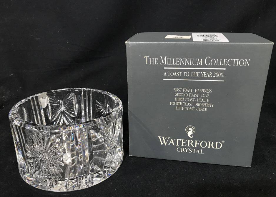 Waterford Cut Crystal Champagne Bottle Coaster: Waterford Cut Crystal Champagne Bottle Coaster From the Millennium Collection a toast to the year 2000, in Box with stickers, acid etched on underside WATERFORD, bowl measures approximately 5.25 inche