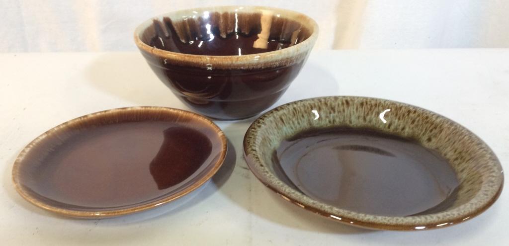 Lot 3 Stoneware Tabletop Accessories: Lot includes 1 deep bowl 1 shallow bowl, and 1 plate. Bowl measures approximately 8 inches wide 4 inches tall. tableware, tabletop decor and accessories, serving dishes, stoneware ceramic pottery 6.