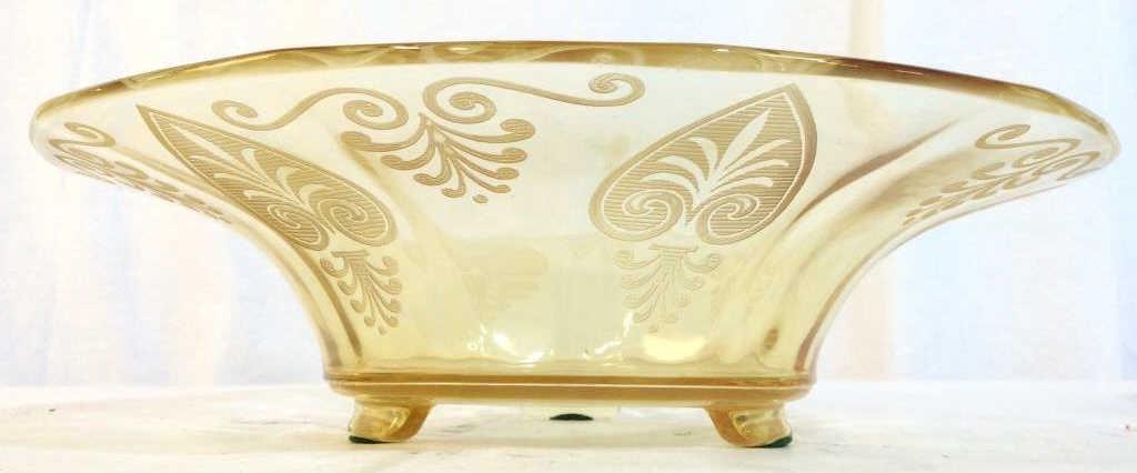 Cut Glass Centerpiece Bowl: Centerpiece bowl is yellow toned. Contain frosted detail. Measures approx 12 inches wide 3 inches tall. decorative tableware, tabletop decor and accessories, candy dish centerpiece 6.